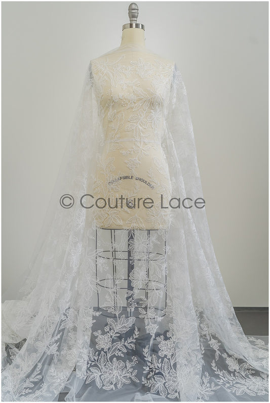 Romantischer floraler Spitzenstoff für Brautkleid, Blattspitze, Braut-Couture-Spitzenstoff, florale Spitze mit Pailletten// L21-406