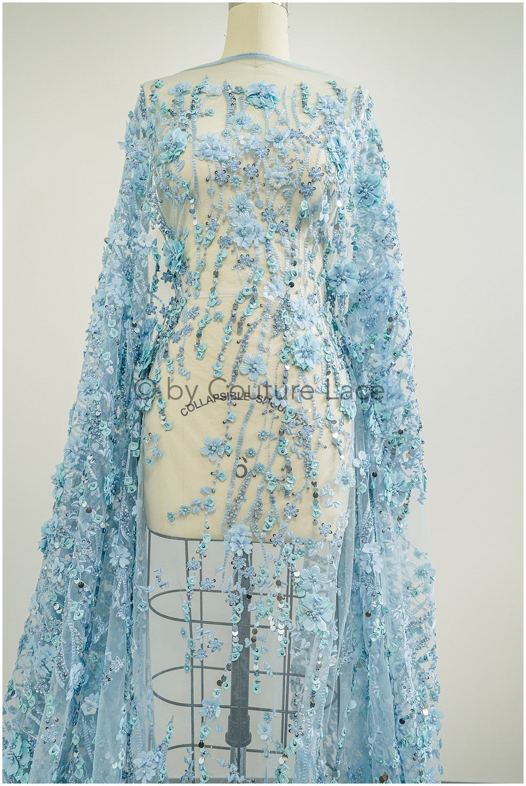 3D Blumen-Spitzenstoff blau/ Französischer Braut-Spitzenstoff/ Romantischer Blumen-Spitzenstoff mit 3D Blumen/ Hochzeitsspitzenstoff// L24-329