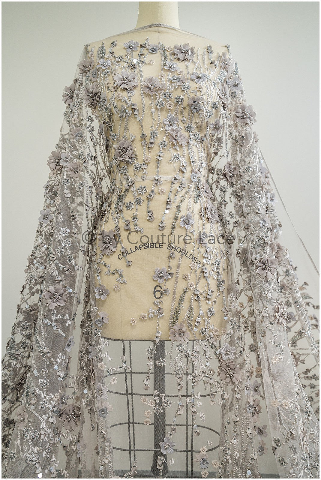 3D flower lace fabric grey/ French bridal lace fabric/ Romantic floral lace fabric with 3D flowers/ Wedding lace fabric// L24-330