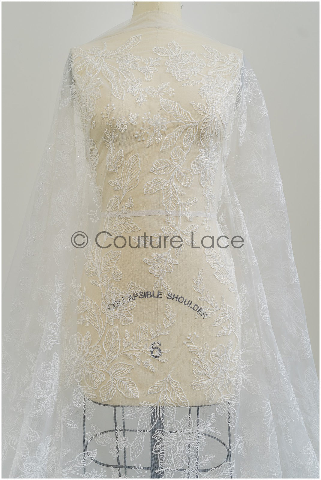 Romantic floral lace fabric for wedding dress, leaf lace, bridal couture lace fabric, floral lace with sequins// L21-406