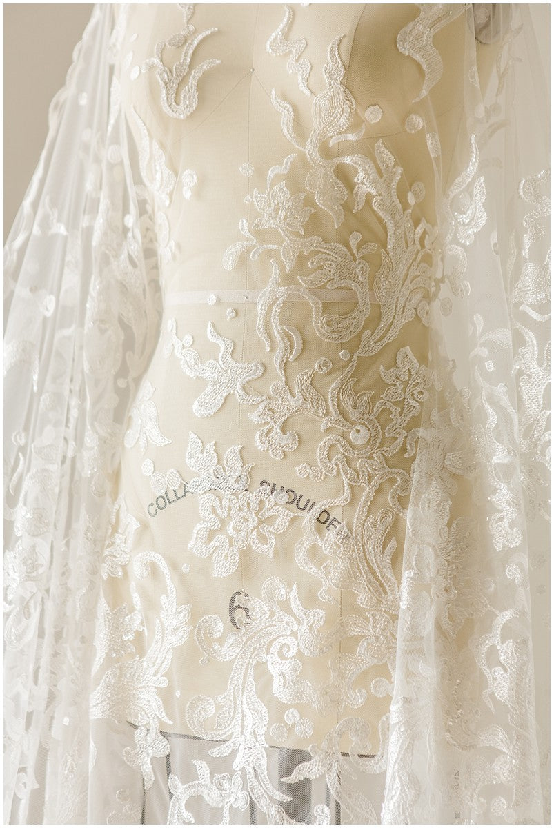 Floral Bridal Lace/ Bridal Lace Fabric with Sequins/ Off-White Bridal Lace/ Embroidered Wedding Lace/ Couture Lace/ L17-021B