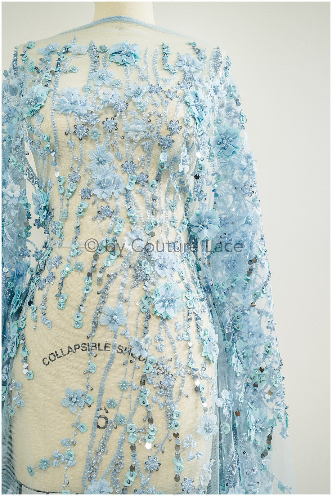 3D Blumen-Spitzenstoff blau/ Französischer Braut-Spitzenstoff/ Romantischer Blumen-Spitzenstoff mit 3D Blumen/ Hochzeitsspitzenstoff// L24-329