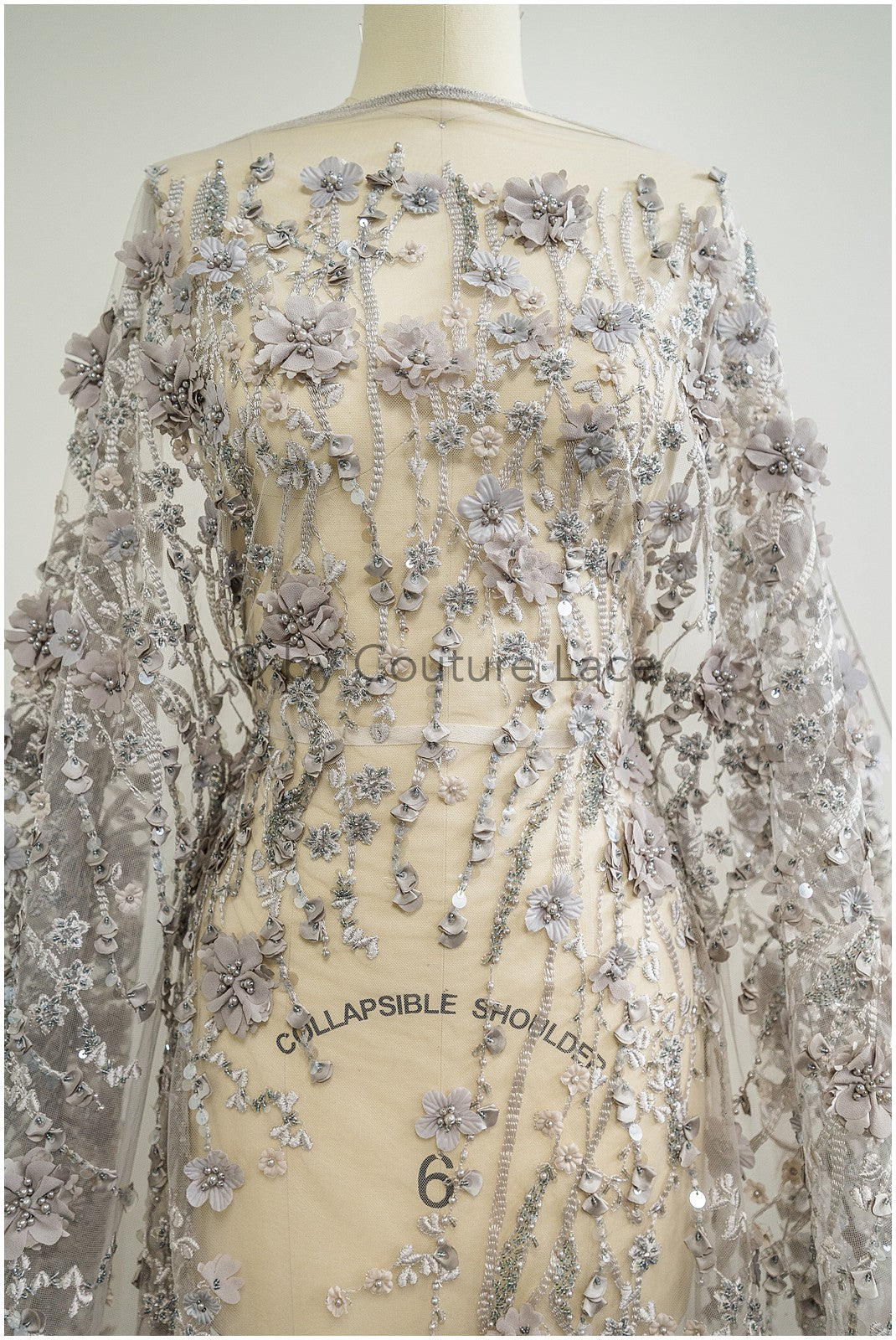 3D flower lace fabric grey/ French bridal lace fabric/ Romantic floral lace fabric with 3D flowers/ Wedding lace fabric// L24-330