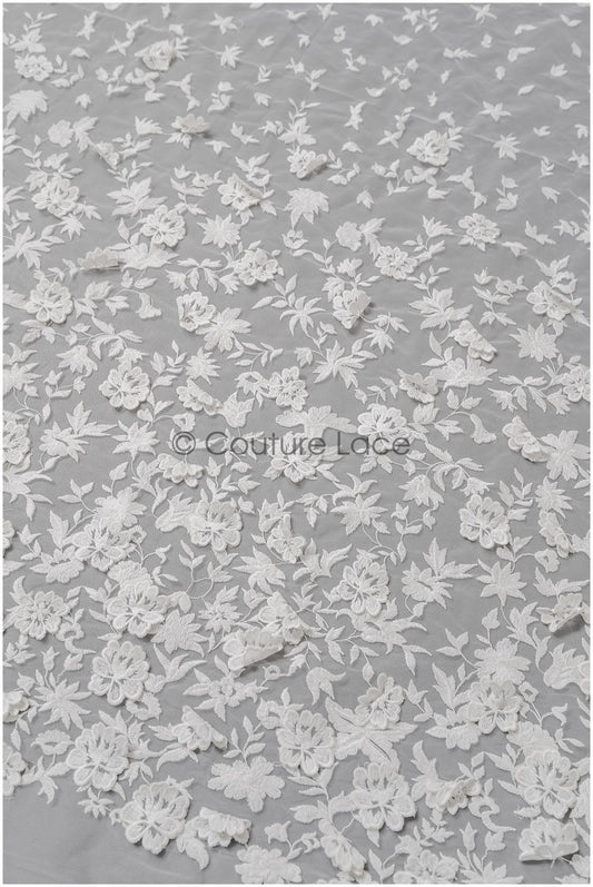 Romantische Brautspitze mit 3D Blüten, Bestickte florale Spitze mit 3D Blumen // L25-431W