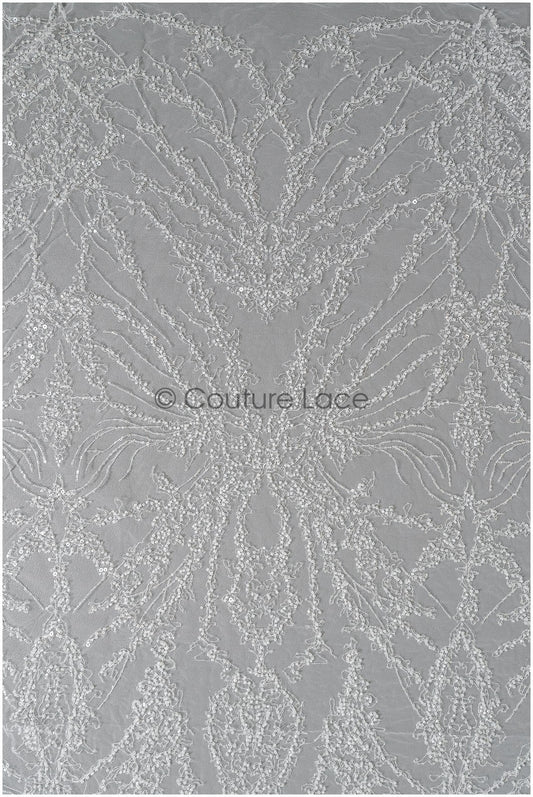 Wunderschöner Perlen-Spitzenstoff mit Linien, Couture-Spitzenstoff mit Perlen und Pailletten, Brautspitze mit Zweigen und Linien// L22-473