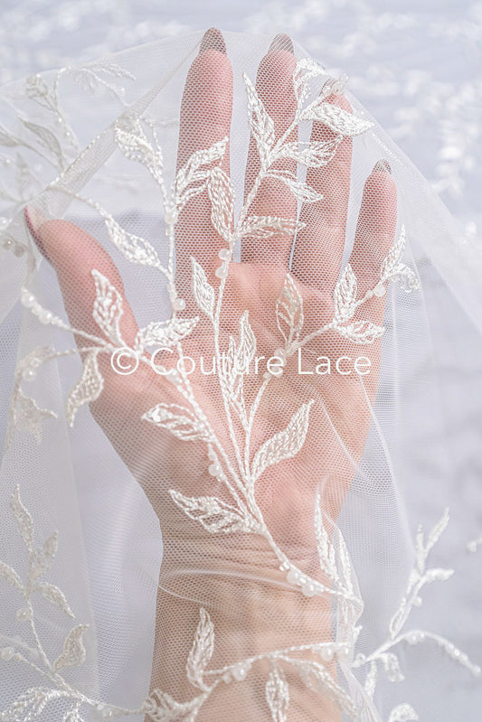 Floral bridal lace embroidered with pearls – floral bridal fabric embroidery for wedding dresses // L25-713