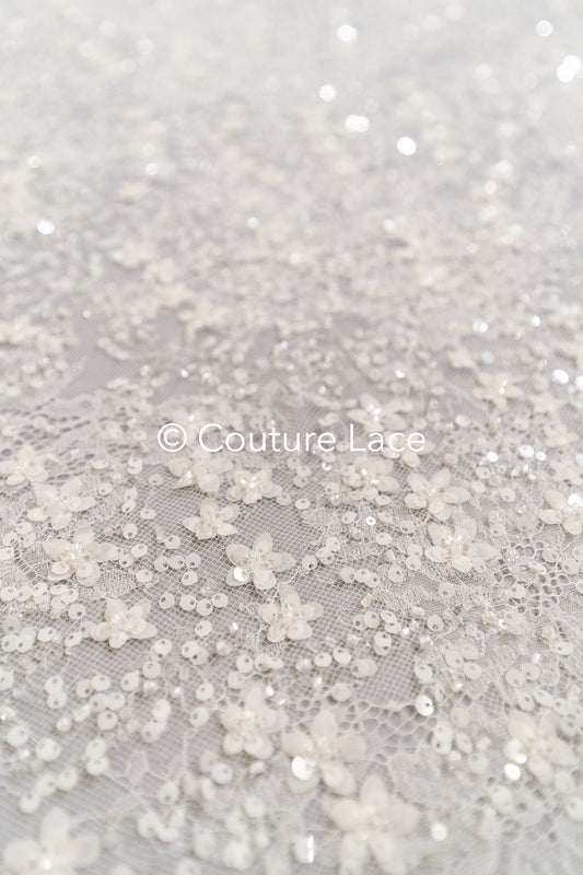 Floral bridal lace embroidered with pearls and small 3D flowers // L25-836