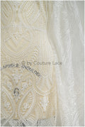 Boho lace fabric, wavy lace fabric for wedding dresses, embellished bridal lace fabric with flowers and leaves, dot and line lace// L20-342