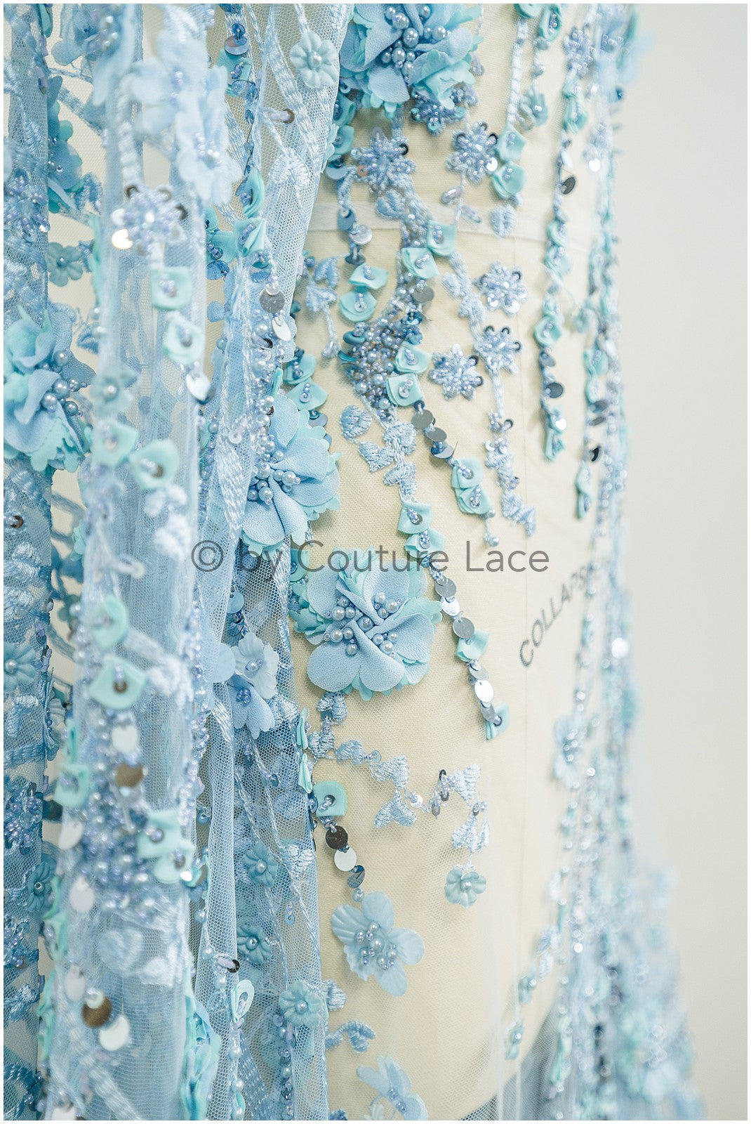 3D Blumen-Spitzenstoff blau/ Französischer Braut-Spitzenstoff/ Romantischer Blumen-Spitzenstoff mit 3D Blumen/ Hochzeitsspitzenstoff// L24-329