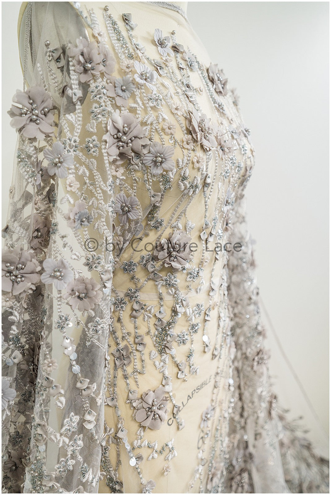 3D flower lace fabric grey/ French bridal lace fabric/ Romantic floral lace fabric with 3D flowers/ Wedding lace fabric// L24-330