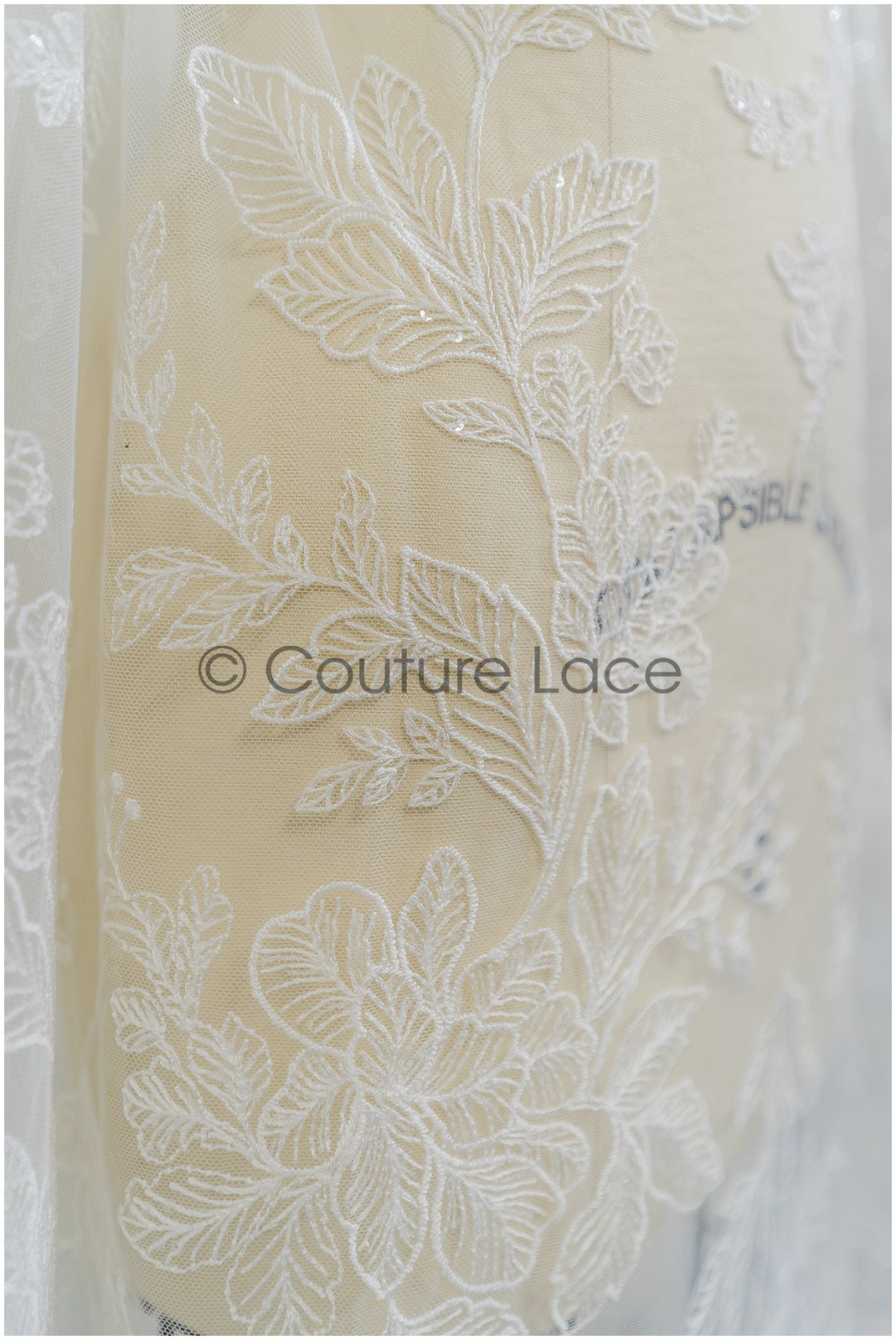 Romantic floral lace fabric for wedding dress, leaf lace, bridal couture lace fabric, floral lace with sequins// L21-406