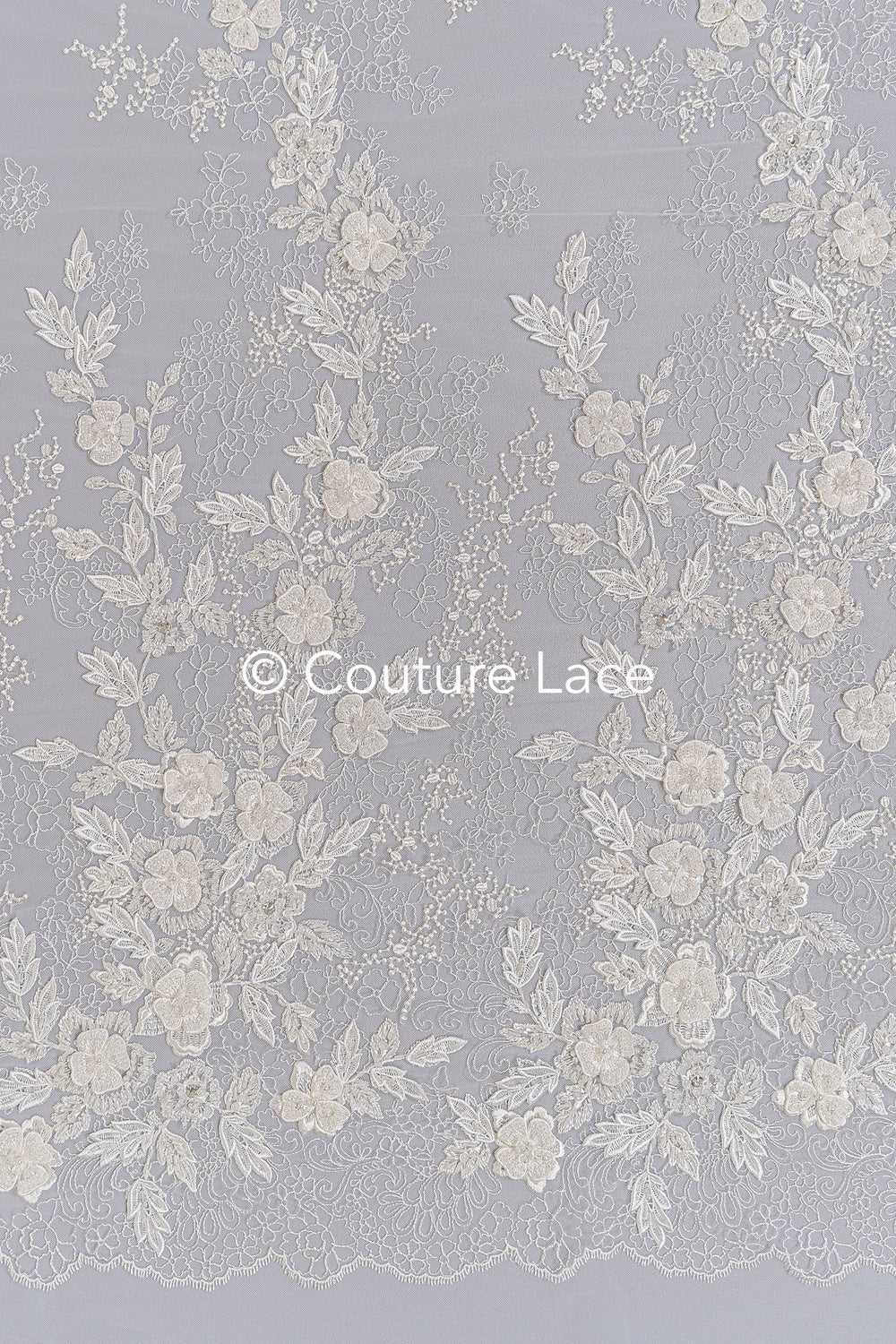 Hand-embroidered 3D flower pearl lace fabric/ couture lace fabric with pearls/ bridal lace fabric/ bridal lace// L25-638B