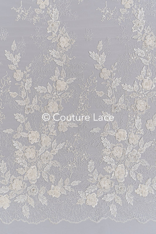 Handbestickte 3D Blumen Perlen Spitzen Stoff/ Couture Spitzenstoff mit Perlen/ Braut Spitzenstoff/ Brautspitze// L25-638B