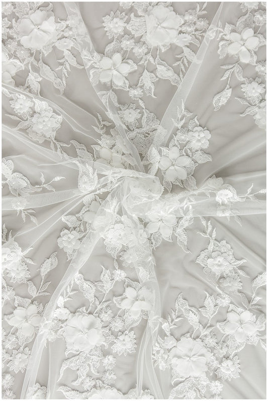 Perlen Spitzenstoff mit 3D-Blumen Off-White/ Couture Spitzenstoff/ Braut Spitzenstoff/ Perlen Spitze// L23-171A