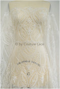 Boho lace fabric, wavy lace fabric for wedding dresses, embellished bridal lace fabric with flowers and leaves, dot and line lace// L20-342