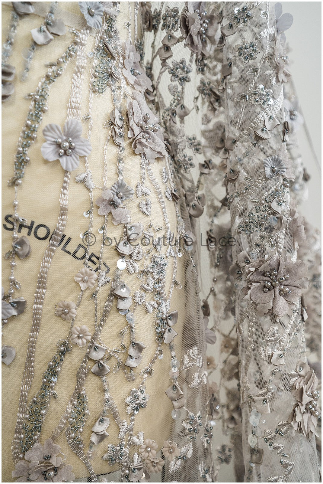 3D flower lace fabric grey/ French bridal lace fabric/ Romantic floral lace fabric with 3D flowers/ Wedding lace fabric// L24-330