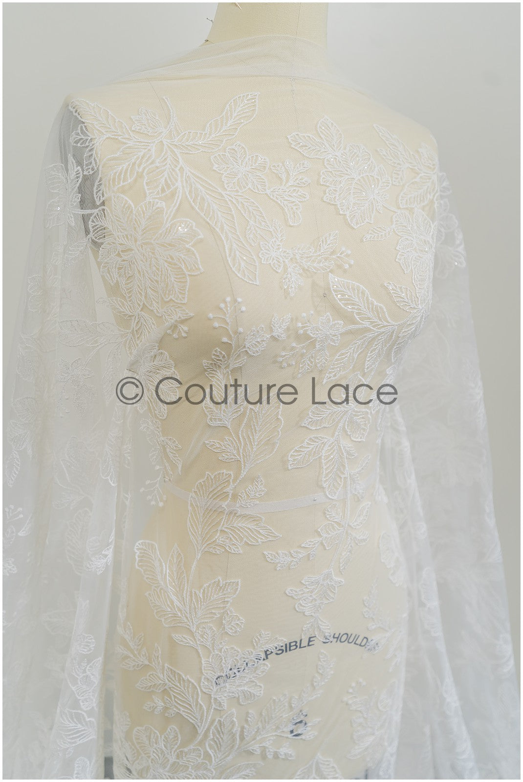 Romantic floral lace fabric for wedding dress, leaf lace, bridal couture lace fabric, floral lace with sequins// L21-406
