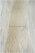 Boho lace fabric, wavy lace fabric for wedding dresses, embellished bridal lace fabric with flowers and leaves, dot and line lace// L20-342
