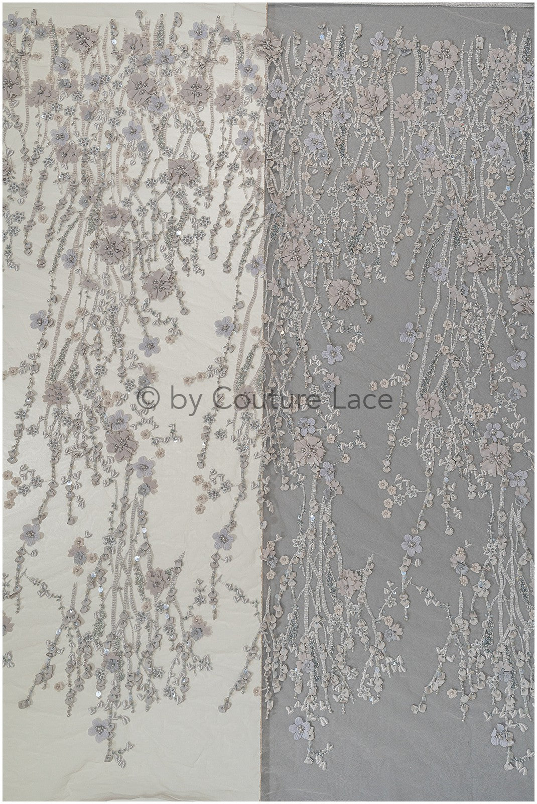 3D flower lace fabric grey/ French bridal lace fabric/ Romantic floral lace fabric with 3D flowers/ Wedding lace fabric// L24-330