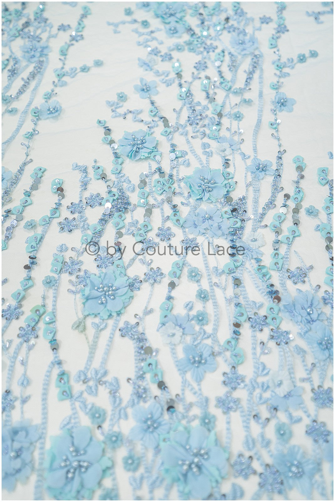 3D Blumen-Spitzenstoff blau/ Französischer Braut-Spitzenstoff/ Romantischer Blumen-Spitzenstoff mit 3D Blumen/ Hochzeitsspitzenstoff// L24-329