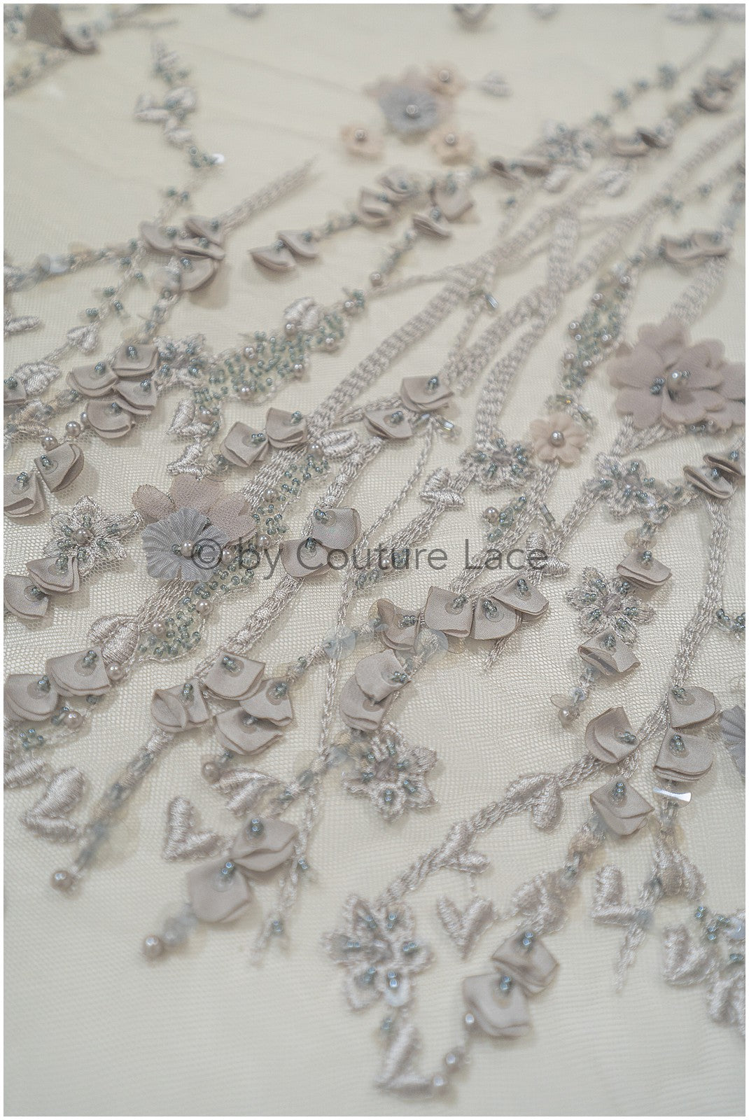 3D flower lace fabric grey/ French bridal lace fabric/ Romantic floral lace fabric with 3D flowers/ Wedding lace fabric// L24-330