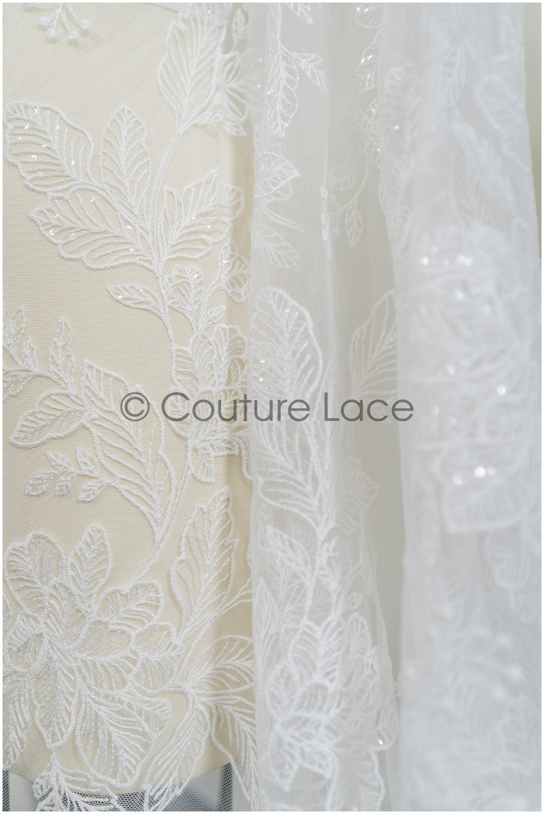 Romantic floral lace fabric for wedding dress, leaf lace, bridal couture lace fabric, floral lace with sequins// L21-406