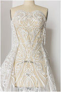 schwerer bestickter Braut-Spitzenstoff, Brautkleid-Stoff, Hochzeitskleid-Tüll, Blumenspitze, schnurgebundener Spitzenstoff// L17-180