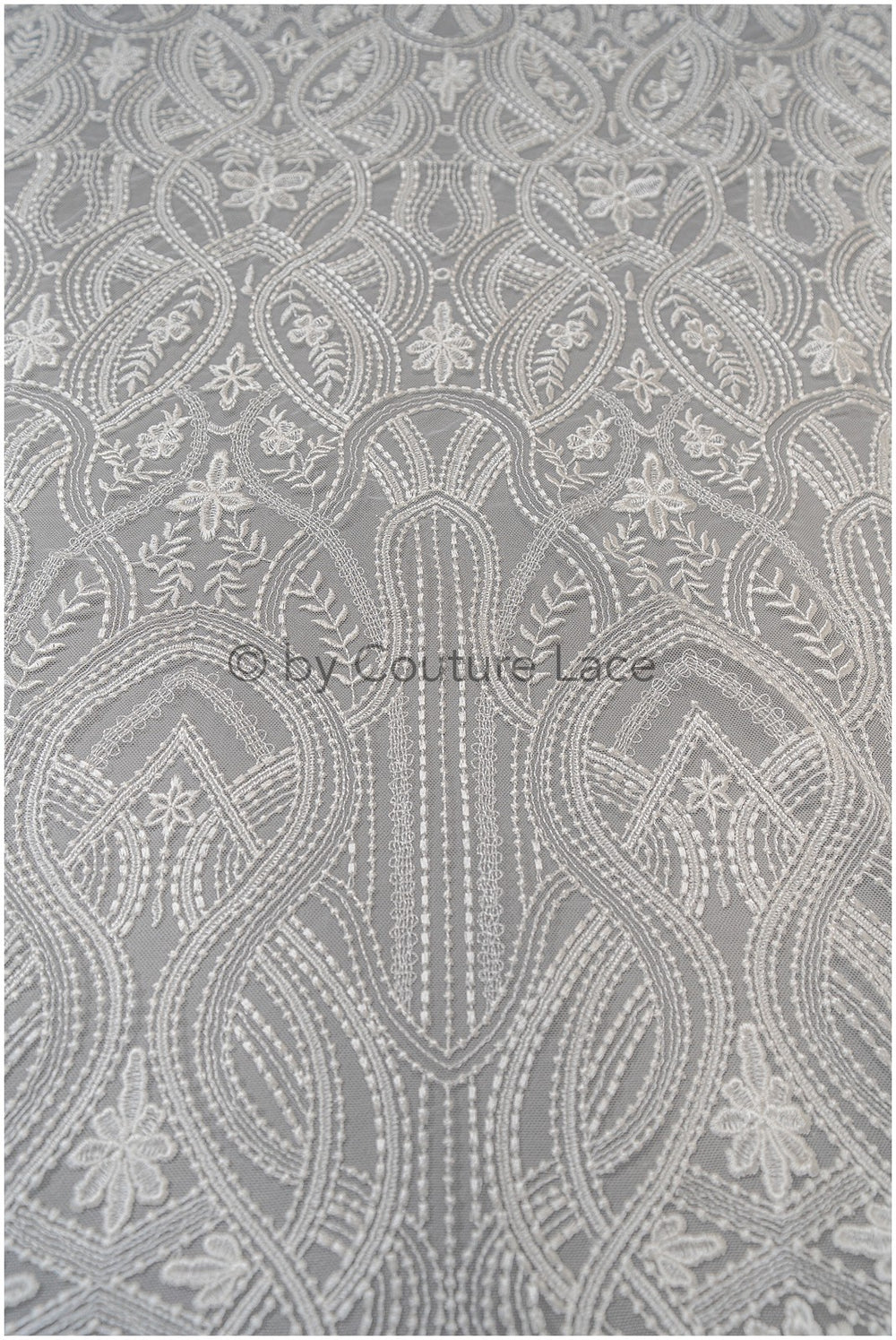 Boho lace fabric, wavy lace fabric for wedding dresses, embellished bridal lace fabric with flowers and leaves, dot and line lace// L20-342