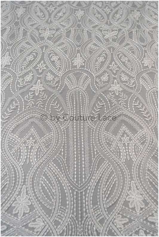Boho-Spitzenstoff, gewellter Spitzenstoff für Brautkleider, verzierter Braut-Spitzenstoff mit Blumen und Blättern, Punkt- und Linienspitze// L20-342