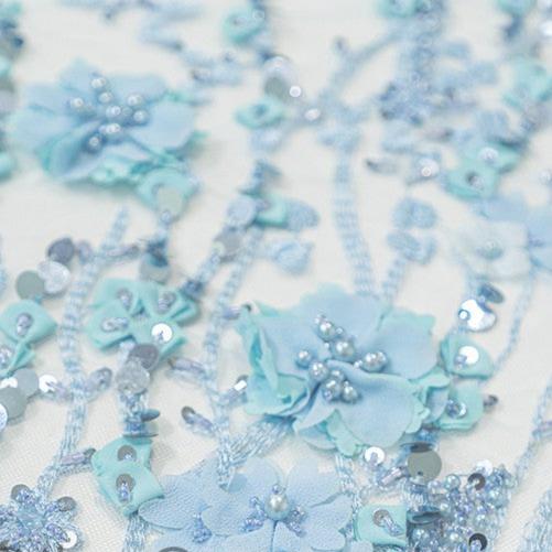 3D Blumen-Spitzenstoff blau/ Französischer Braut-Spitzenstoff/ Romantischer Blumen-Spitzenstoff mit 3D Blumen/ Hochzeitsspitzenstoff// L24-329