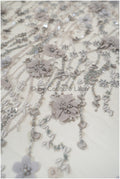 3D flower lace fabric grey/ French bridal lace fabric/ Romantic floral lace fabric with 3D flowers/ Wedding lace fabric// L24-330