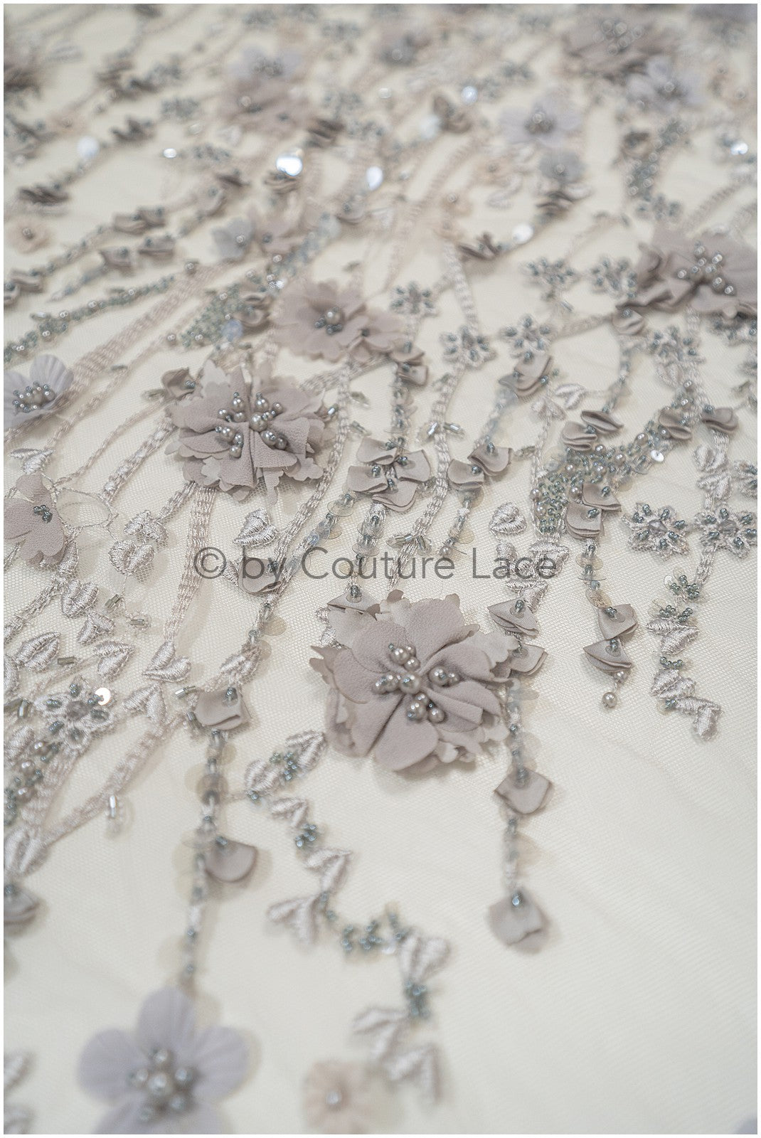 3D flower lace fabric grey/ French bridal lace fabric/ Romantic floral lace fabric with 3D flowers/ Wedding lace fabric// L24-330
