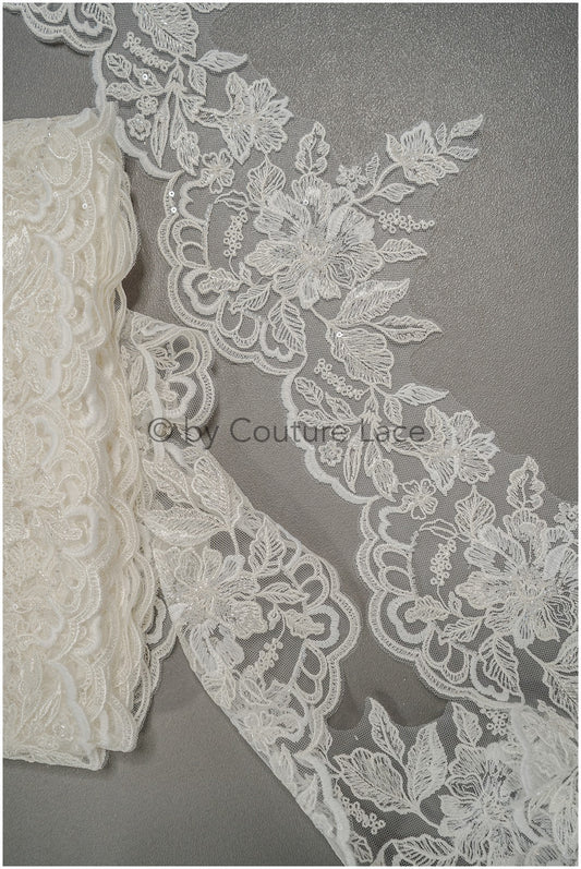Brautspitze Borte mit Perlen & Pailletten/ Spitzenborte off-white / Braut Borte/ Spitzenborte für Brautkleid// T24-119