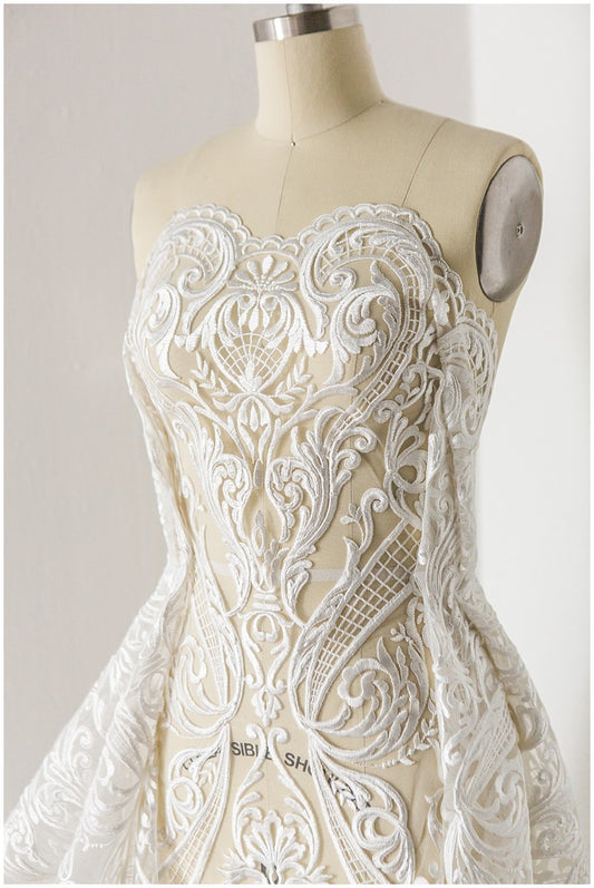 schwerer bestickter Braut-Spitzenstoff, Brautkleid-Stoff, Hochzeitskleid-Tüll, Blumenspitze, schnurgebundener Spitzenstoff// L17-180
