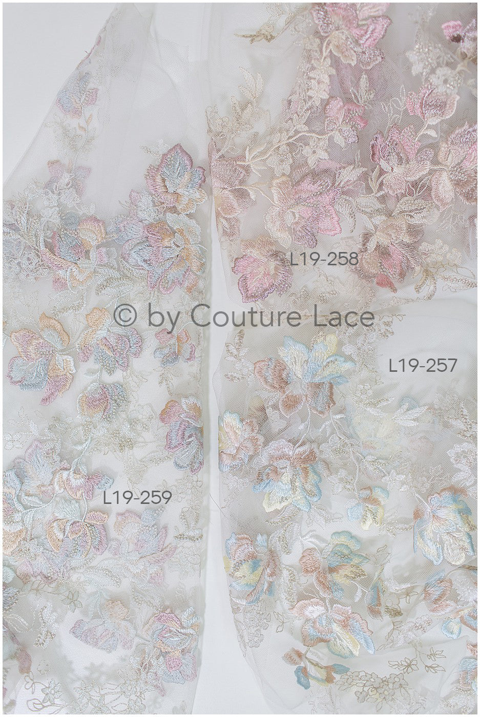 4-farbiger floraler Spitzenstoff, romantische pastellfarbene Spitze für Abendkleider, Blumenspitzenstoff in zarten Farben, bestickter Farbstoff// L19-259