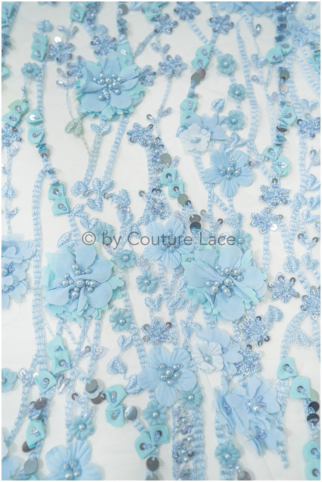 3D Blumen-Spitzenstoff blau/ Französischer Braut-Spitzenstoff/ Romantischer Blumen-Spitzenstoff mit 3D Blumen/ Hochzeitsspitzenstoff// L24-329
