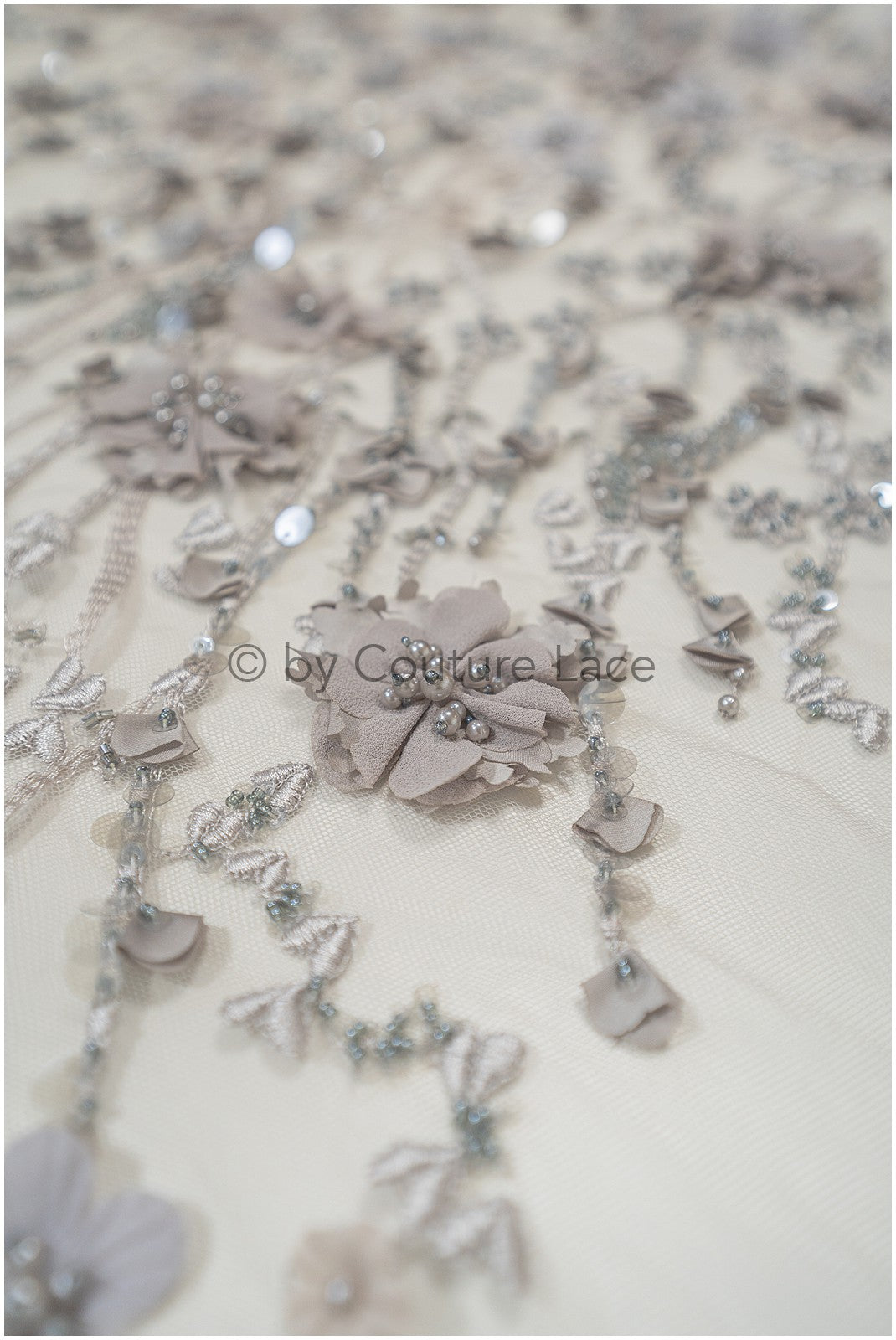 3D flower lace fabric grey/ French bridal lace fabric/ Romantic floral lace fabric with 3D flowers/ Wedding lace fabric// L24-330