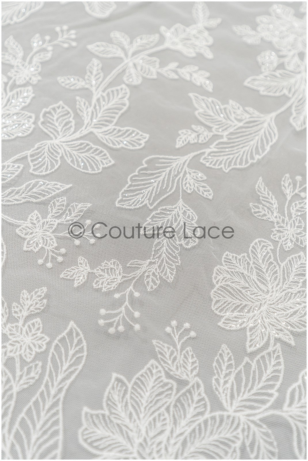 Romantic floral lace fabric for wedding dress, leaf lace, bridal couture lace fabric, floral lace with sequins// L21-406