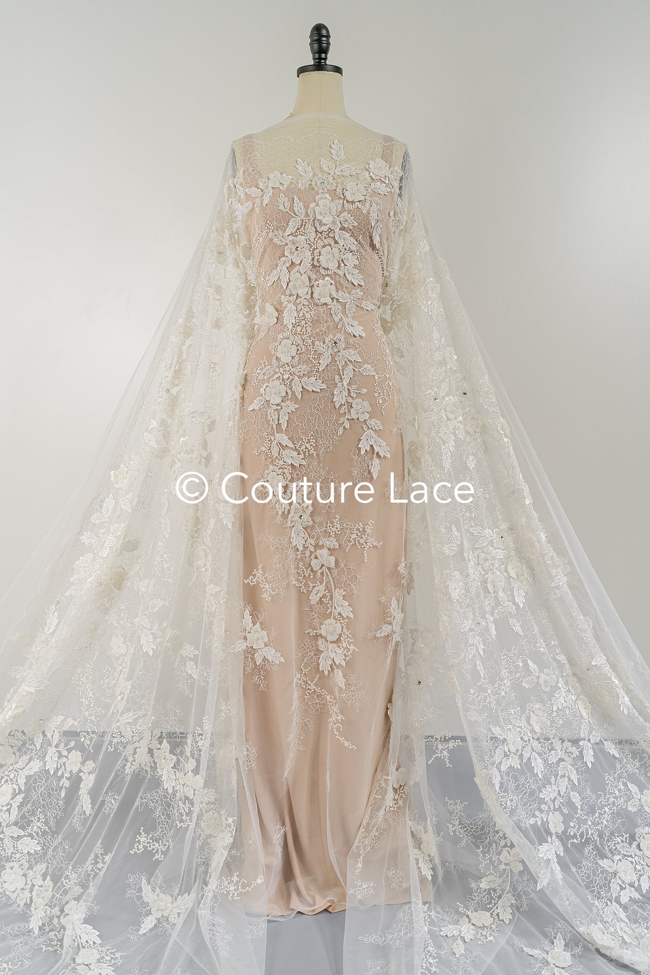 Hand-embroidered 3D flower pearl lace fabric/ couture lace fabric with pearls/ bridal lace fabric/ bridal lace// L25-638B