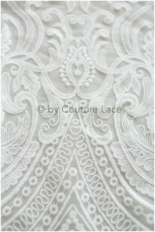 Boho-Baumwoll-Spitzenstoff für Hochzeitskleid, Stickerei-Spitzenstoff für Boho-Bräute, geometrische Baumwollspitze, Boho-Brautkleid-Spitze// L19-248