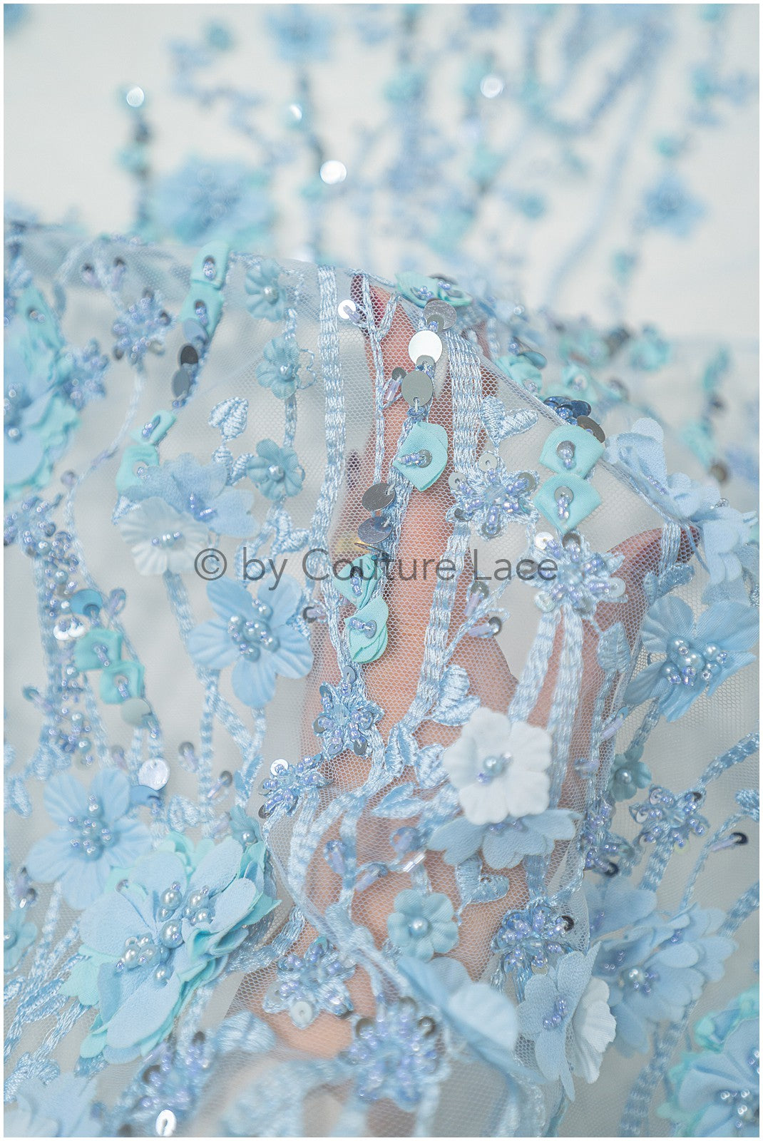 3D Blumen-Spitzenstoff blau/ Französischer Braut-Spitzenstoff/ Romantischer Blumen-Spitzenstoff mit 3D Blumen/ Hochzeitsspitzenstoff// L24-329
