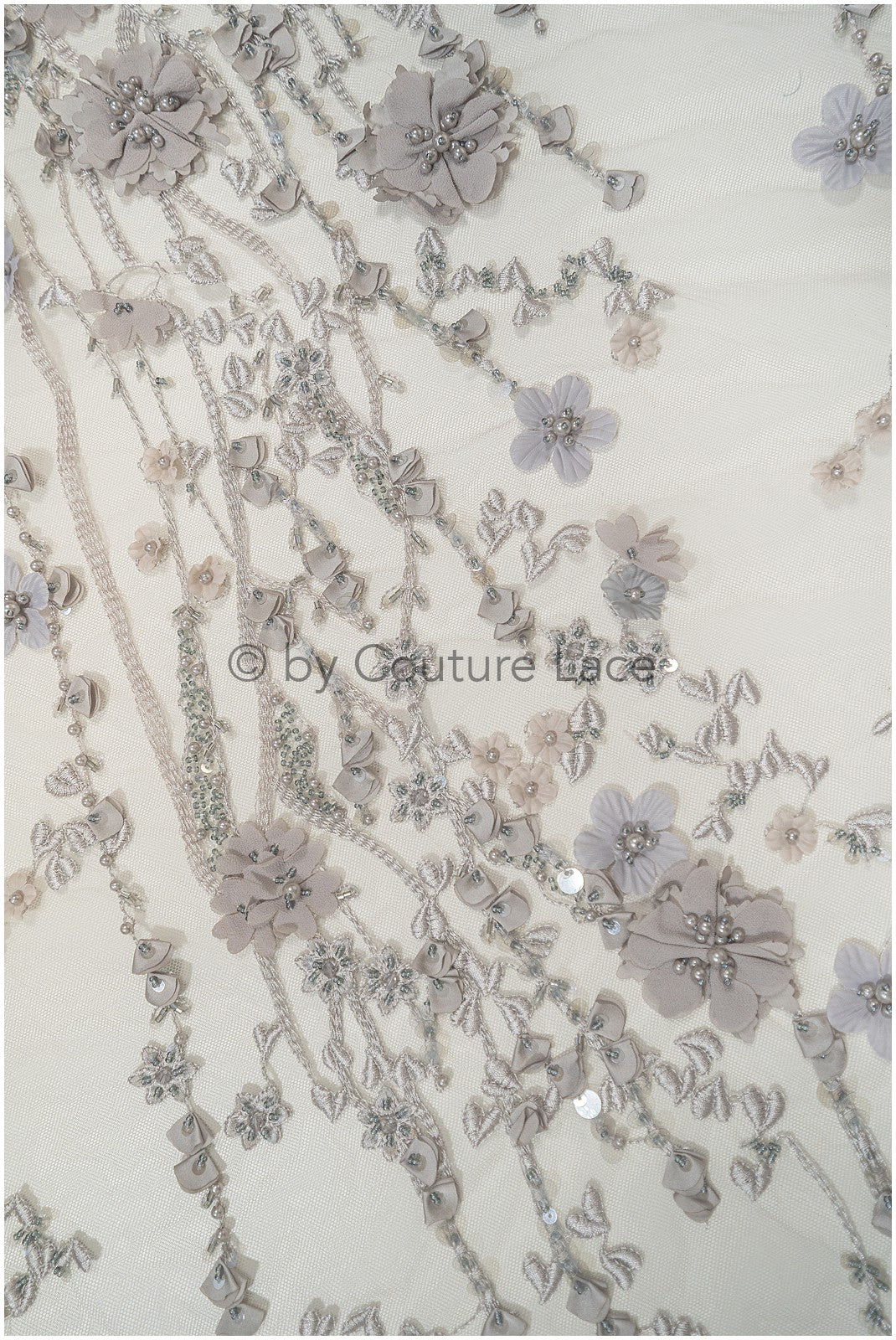 3D flower lace fabric grey/ French bridal lace fabric/ Romantic floral lace fabric with 3D flowers/ Wedding lace fabric// L24-330