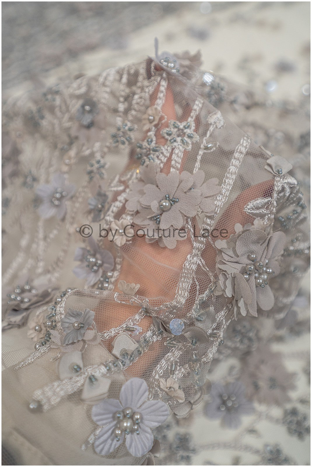 3D flower lace fabric grey/ French bridal lace fabric/ Romantic floral lace fabric with 3D flowers/ Wedding lace fabric// L24-330