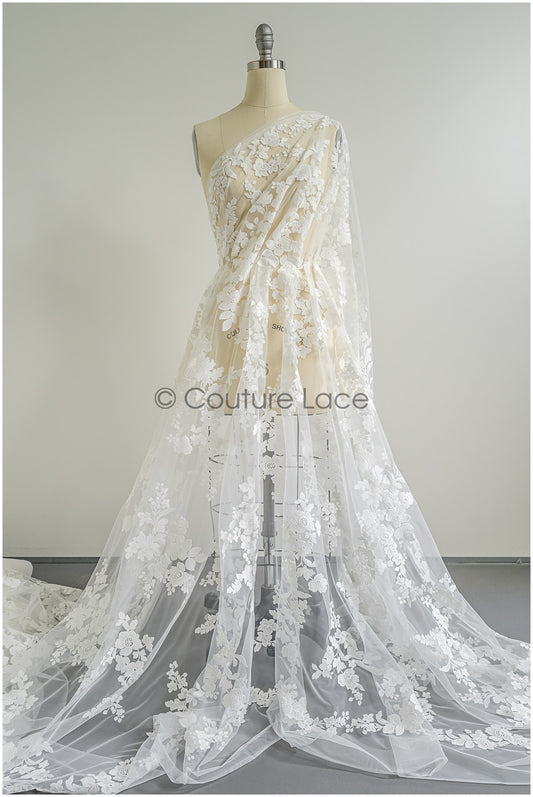 Wunderschöner Spitzenstoff mit verziertem Muster auf gepunkteter Tüllbasis/Couture-Spitzenstoff/verzierte Brautspitze// L22-438