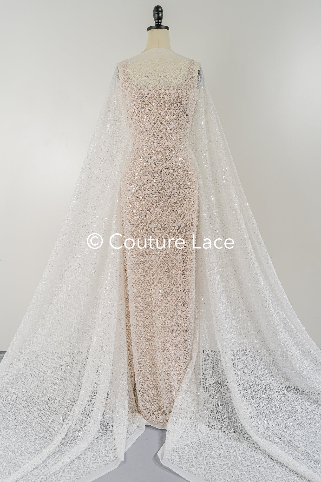 Perlenbestickte Brautspitze auf feiner französischer Spitze/ Hochwertige Perlen Brautspitze // L25-672