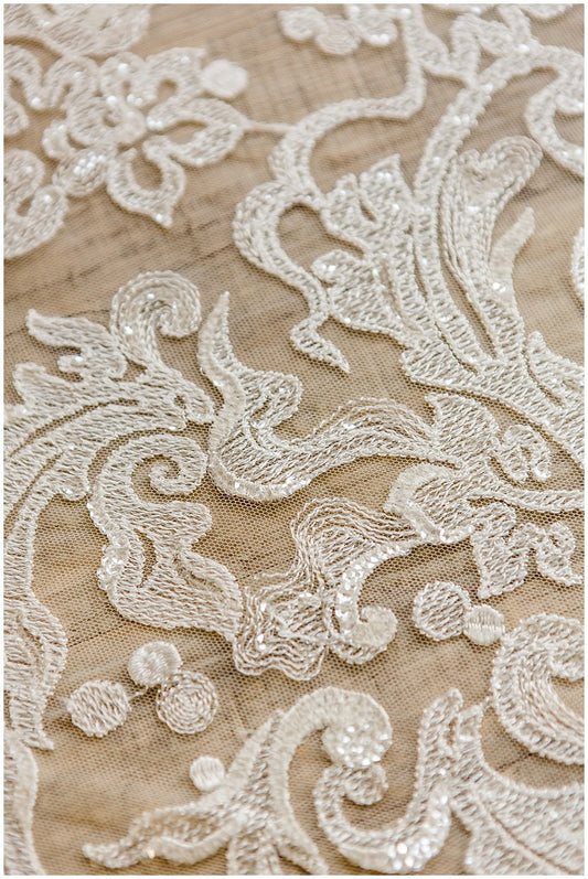 Floral Bridal Lace/ Bridal Lace Fabric with Sequins/ Off-White Bridal Lace/ Embroidered Wedding Lace/ Couture Lace/ L17-021B