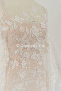 Hand-embroidered 3D flower pearl lace fabric/ couture lace fabric with pearls/ bridal lace fabric/ bridal lace// L25-638B