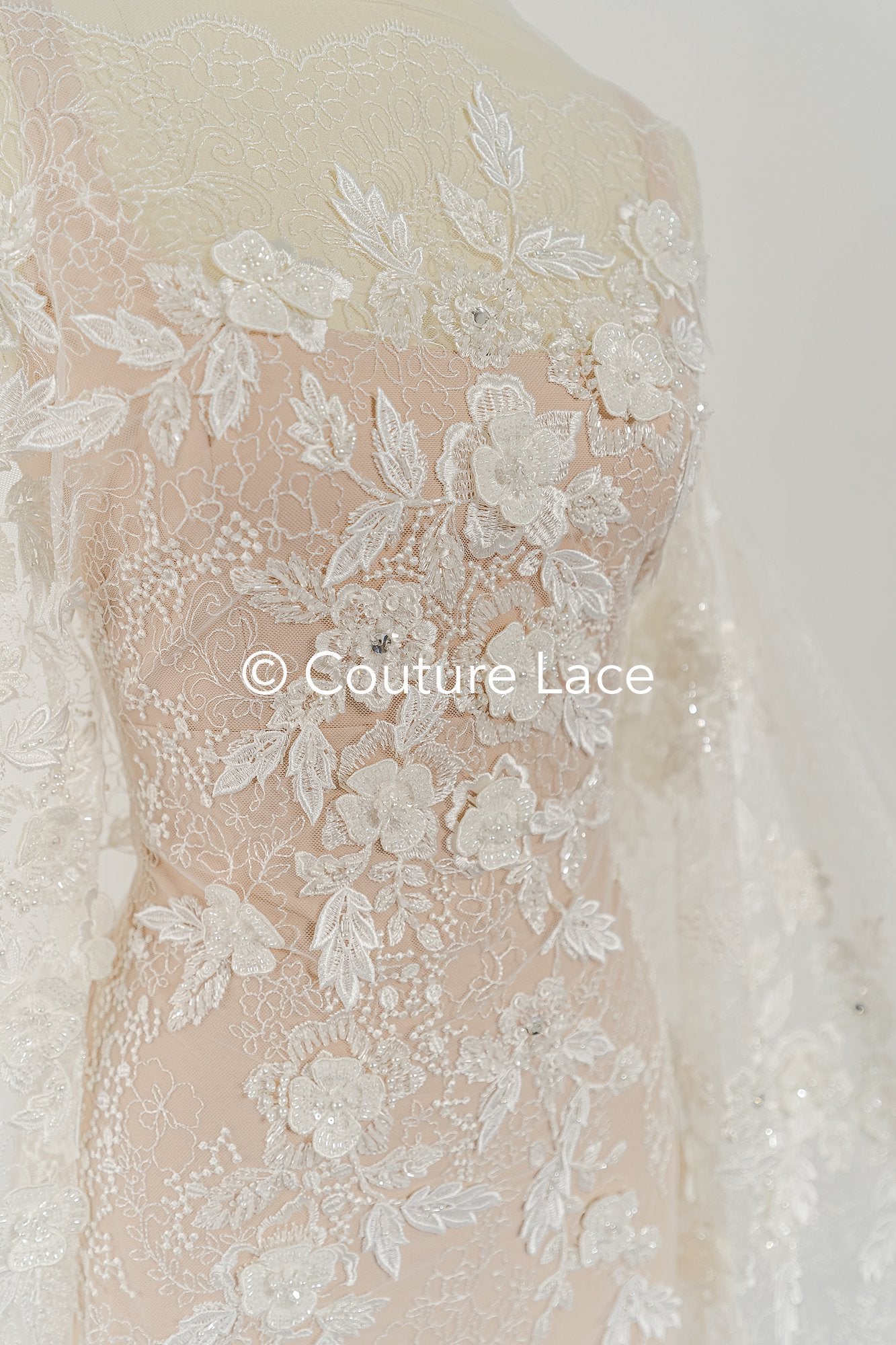 Hand-embroidered 3D flower pearl lace fabric/ couture lace fabric with pearls/ bridal lace fabric/ bridal lace// L25-638B