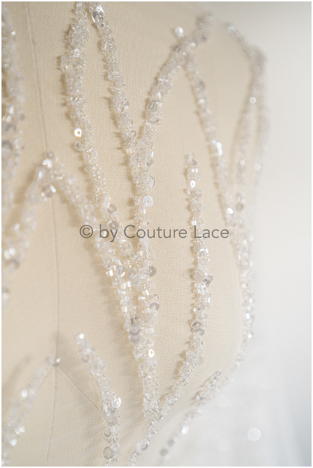 Hand-embroidered pearl lace with line design, luxurious bridal lace for wedding dresses // L25-118