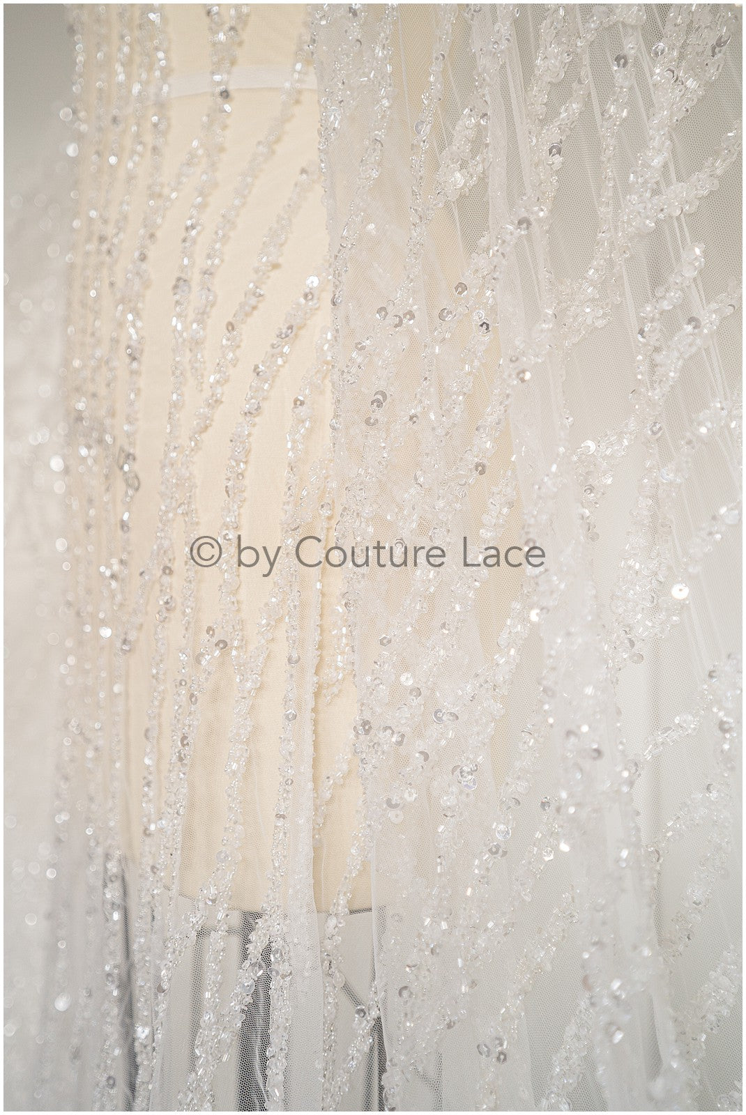Hand-embroidered pearl lace with line design, luxurious bridal lace for wedding dresses // L25-118